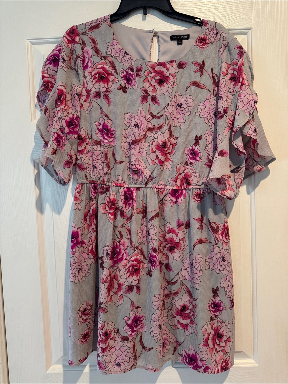 As U Wish Pink Floral Ruffle Sleeve Dress on Gray XL